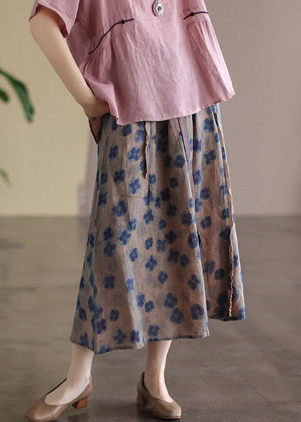 Red Geometry Elastic Waist Print Linen Skirts Summer