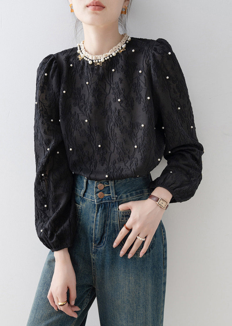Modern Black Jacquard Nail Bead Chiffon Blouse Tops Spring