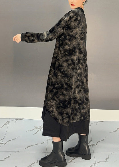 Black O-neck Tie Dye Side Open Silk Velvet Maxi Dress Winter