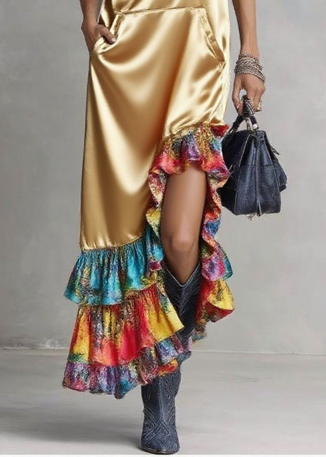 Golden Asymmetrical Patchwork Ruffles Silk Hooded Dresses Sleeveless