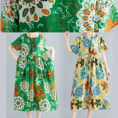 Diy Yellow Print Cotton Tunics O Neck Patchwork Summer Dress