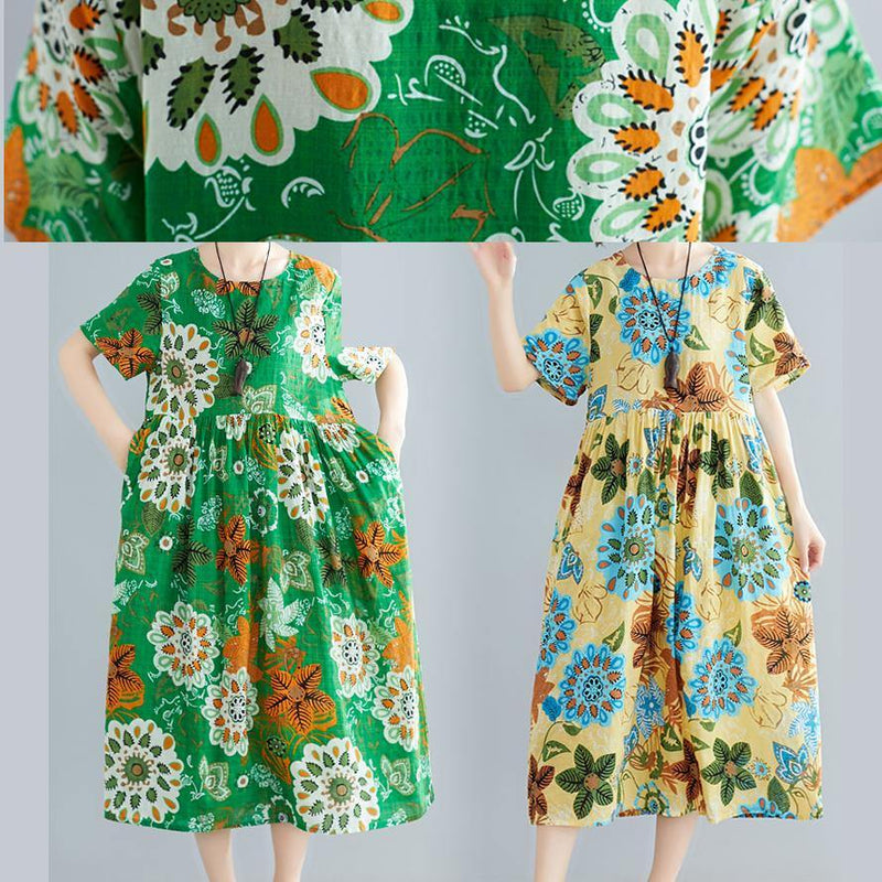 Diy Yellow Print Cotton Tunics O Neck Patchwork Summer Dress