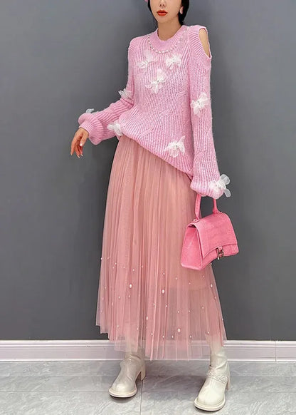 Pink O-neck Knit Top and Tulle Maxi Skirts Two Pieces Set Fall