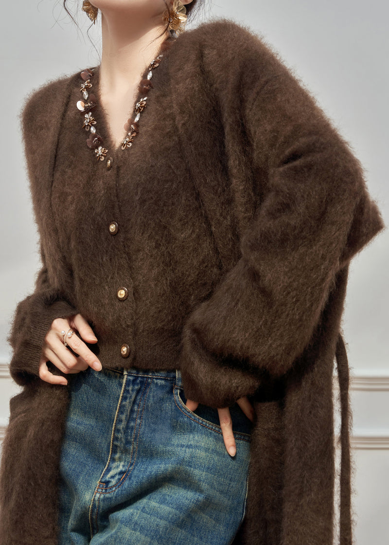 Coffee Sequins Pockets Cardigans and Vest Ma Hai Mao Two Pieces Set Winter