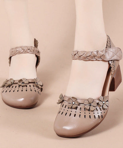 Apricot Cowhide Leather Sandals Hollow Out Buckle Strap