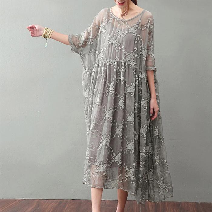 Gray Maxi Dress Lace Gown Top Quality Bracelet Sleeved Gown ( Limited Stock)