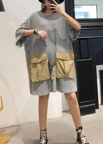 Loose Patchwork Big Pockets Cotton Clothes Inspiration Gray Dresses Summer