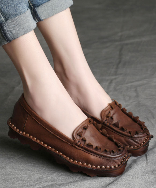 Coffee Flat Shoes for Splicing Cowhide Leather