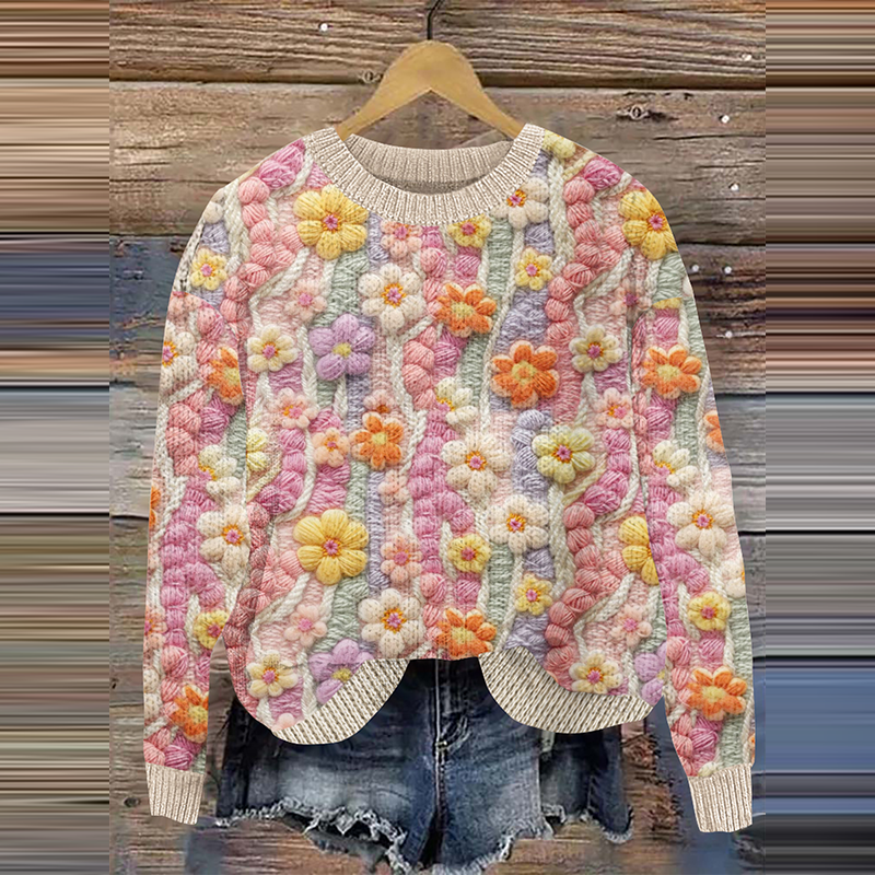 Floral Print Casual Knitted Pullover Sweater artswardrobe