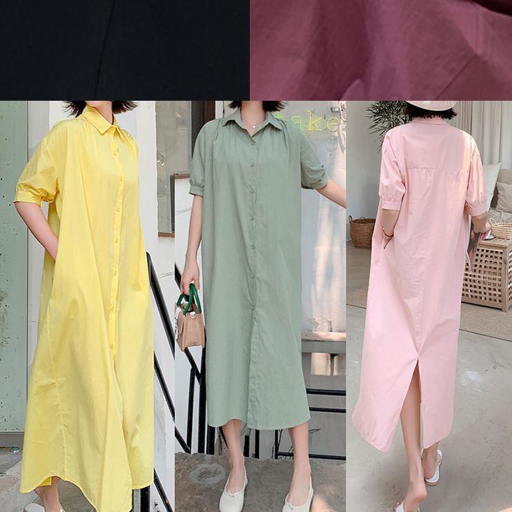 100% Yellow Lapel Collar Cotton Quilting Dresses Lapel Collar Loose Dress