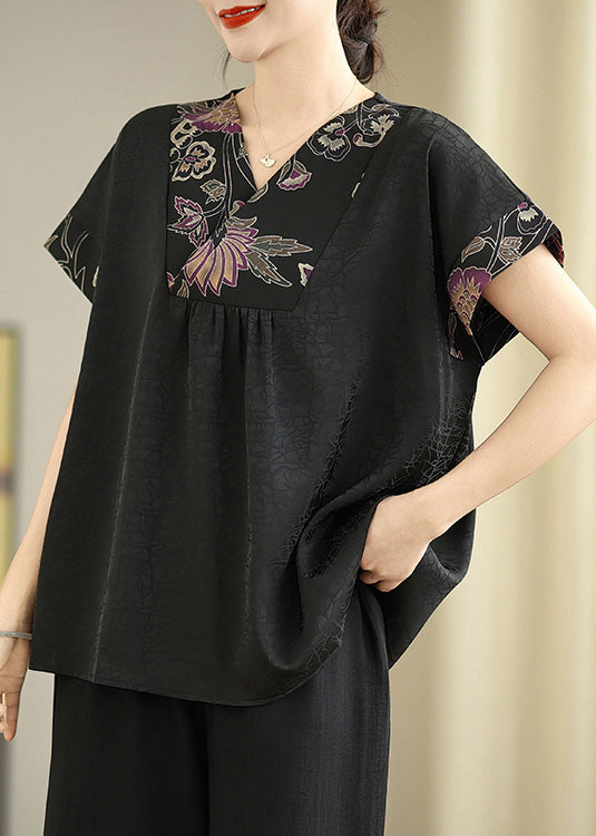 Black V Neck Patchwork Silk Shirt Tops Summer