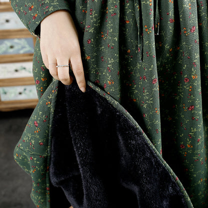 Winter Retro Furred Cotton Linen Dress
