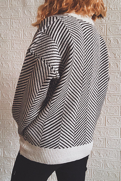 Striped Split Joint Buckle V Neck Outerwear Sweater