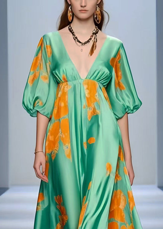 Lake Green V Neck Print Silk Holiday Dress Summer