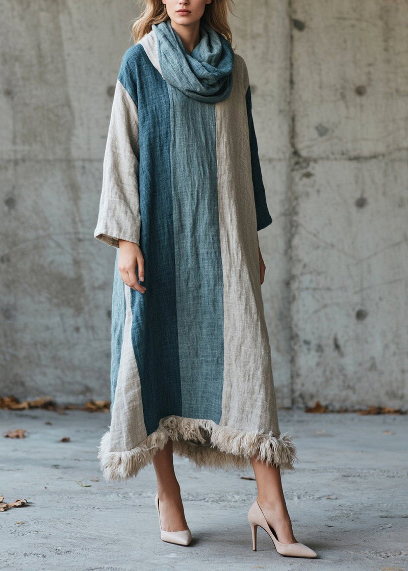Mixed Color Oversized Patchwork Faux Fur Maxi Dress Fall
