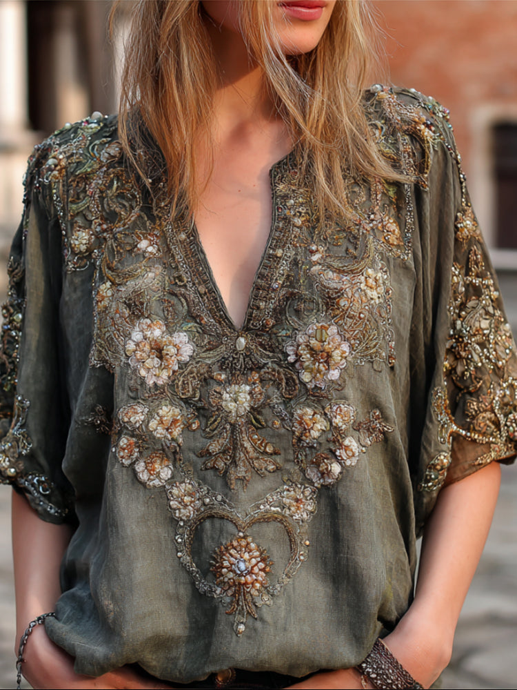 Bohemian Style Sequin Flower Embroidery Vintage Cotton And Linen Forgotten Green V-neck Short-sleeved Shirt elevenforest