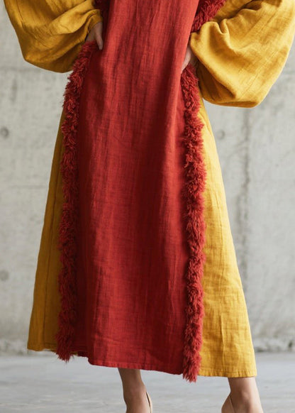 Red Patchwork Faux Fur Cotton Long Dress Oversized Fall