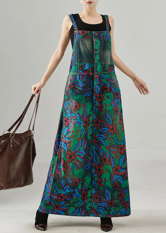 Navy Print Denim Overalls Dress Fall