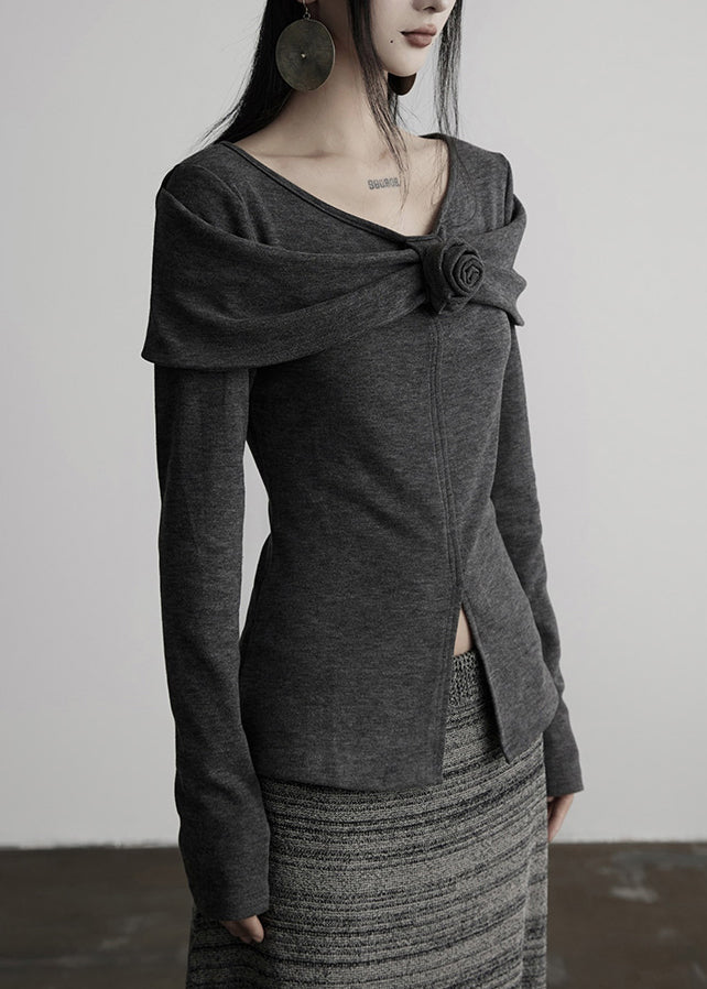 Slim Fit Grey V Neck Cotton T Shirts Tops Fall