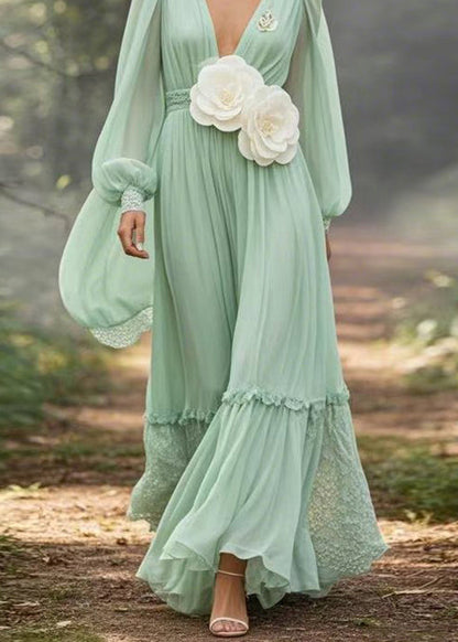 Boutique Light Green Ruffled Patchwork Chiffon Maxi Dresses Spring