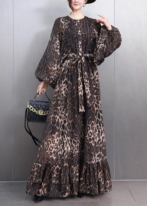 Leopard Button Tie Waist Maxi Dresses Fall