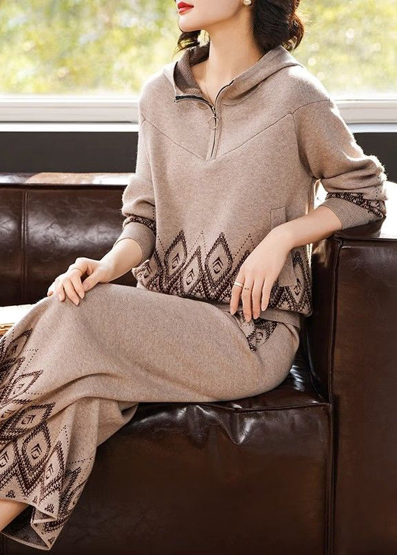 Print Patchwork Cotton Knit Hooded Coats and Wide Leg Pants Two Pieces Set Fall
