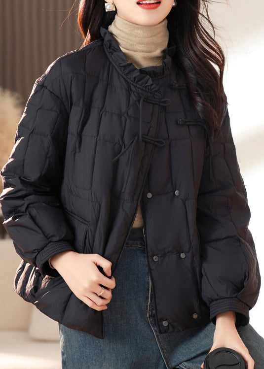 Black Pockets Ruffled Patchwork Fine Cotton Filled Coats Winter