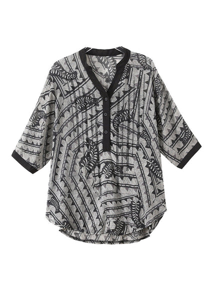 Black V Neck Print Button Silk Top Half Sleeve