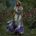 Vintage Gradient Purple Floral Embroidered Linen Short Sleeve Maxi Dress elevenforest
