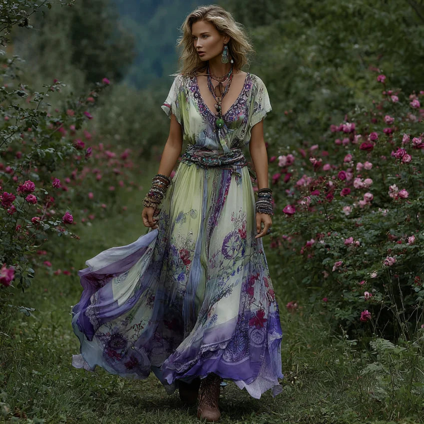 Vintage Gradient Purple Floral Embroidered Linen Short Sleeve Maxi Dress elevenforest