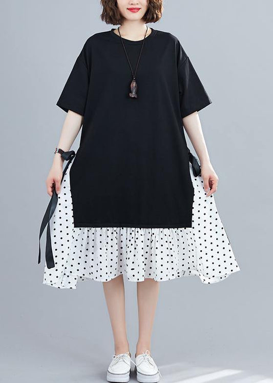 Diy O Neck Quilting Dresses Sewing Black Patchwork Dotted Dress