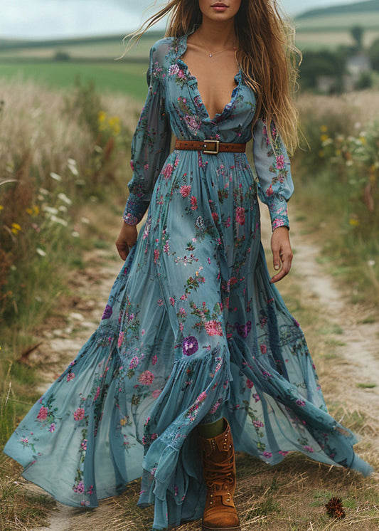 Blue V Neck Ruffled Print Cotton Maxi Dresses Spring