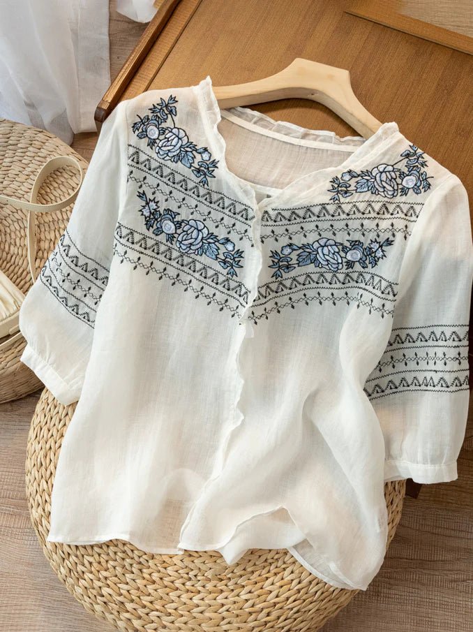 Embroidered Crew Neck 3/4 Sleeve Linen Top