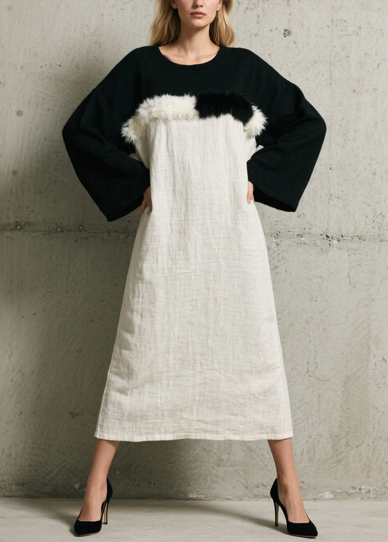 Simple Black White Patchwork Faux Fur Maxi Dress Fall