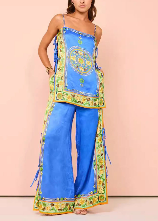 Blue Print Patchwork Tasseel Top and Wide Leg Pants Two Pieces Set Summer