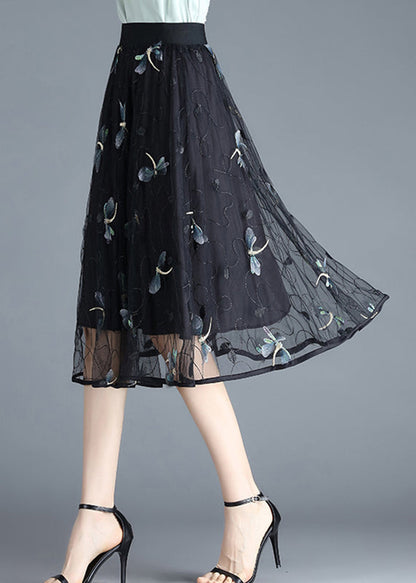 Black Butterfly Embroideried Elastic Waist Tulle Skirt Summer