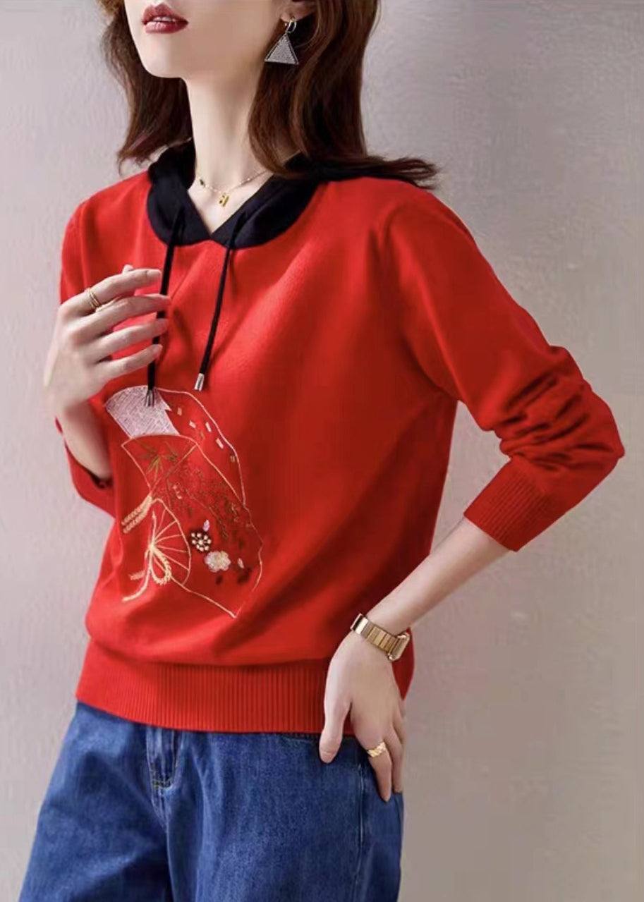 Red Hooded Embroidered Patchwork Knit Top Fall