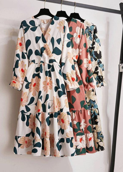 Natural Print Chiffon Clothes for V Neck Wrinkled Art Dresses