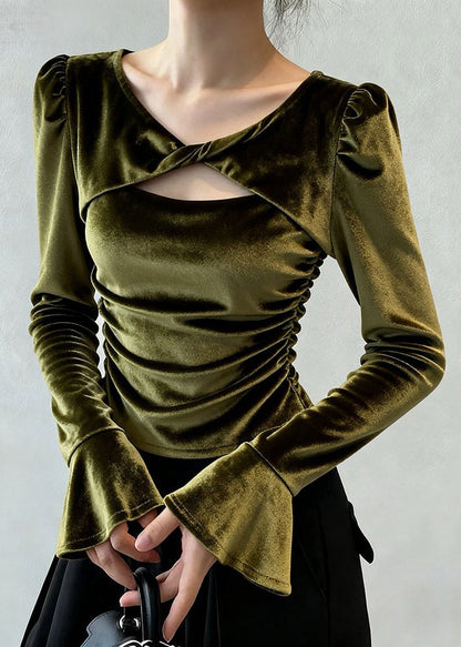 Green Wrinkled Hollow Out Silk Velour T Shirt Flare Sleeve