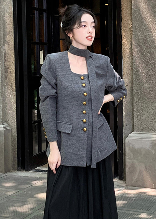 Grey Button Pockets Patchwork Cotton Coat Long Sleeve