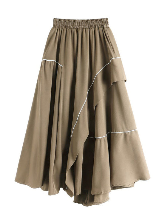 Khaki Asymmetrical Patchwork Print Elastic Waist Skirt Summer