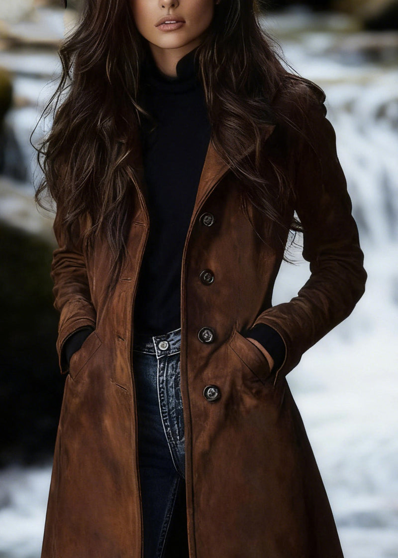 Dark Brown Peter Pan Collar Pockets Faux Suede Coat Spring