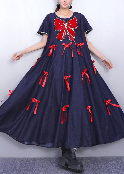Navy Oversized Butterfly Bow Denim Maxi Dresses Summer