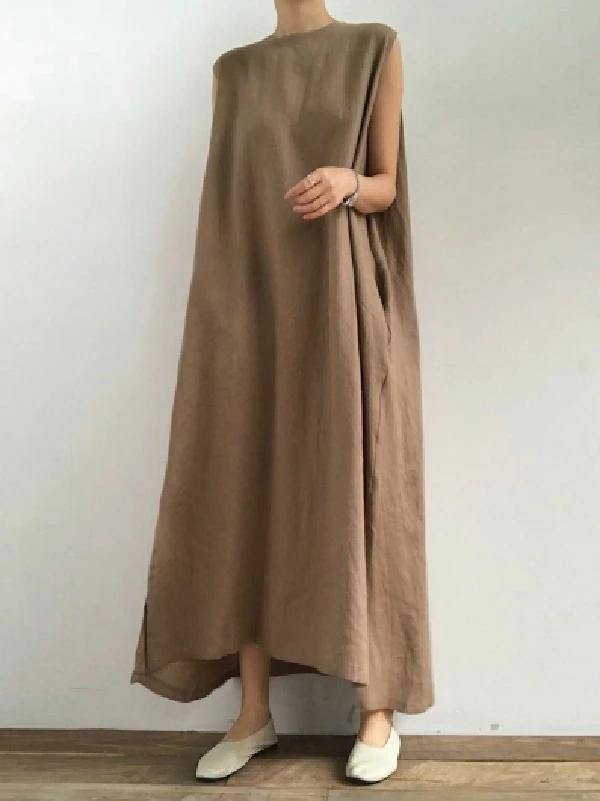 O Neck Side Open Linen Cotton Clothes Fabrics Khaki Dress
