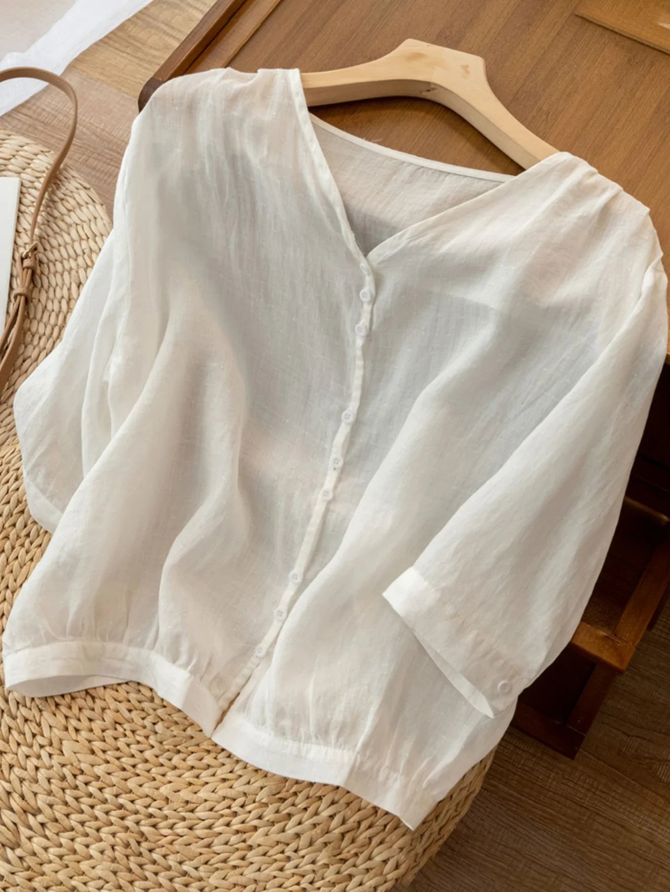 Pure Color V Neck 3/4 Sleeve Linen Shirt Top