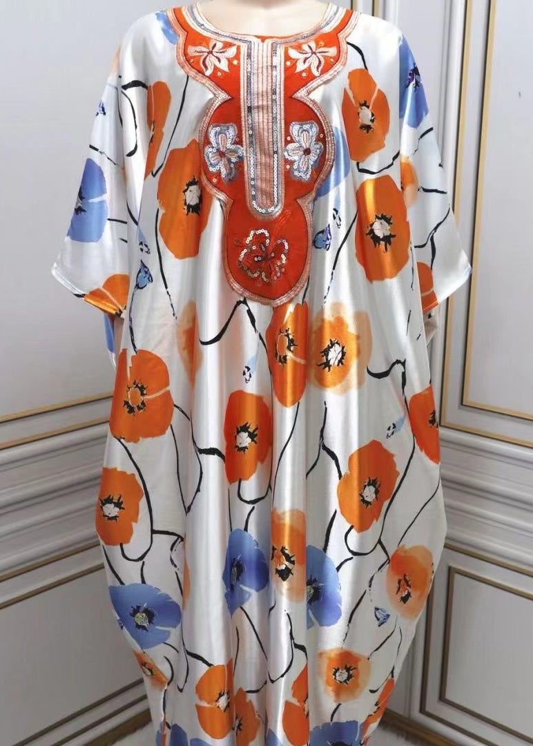 Apricot Oversized Print Silk Holiday Dress Summer