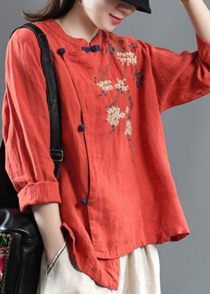Loose Orange Embroidered Linen Top Half Sleeve