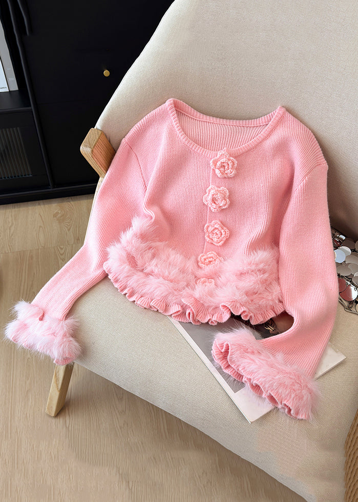 Pink Fluffy Patchwork Knit Winter Sweater O Neck