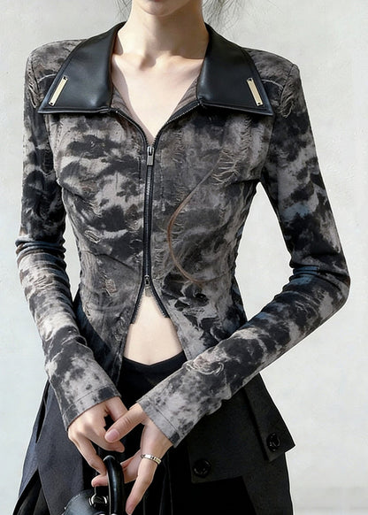Peter Pan Collar Tie Dye Zippered Faux Leather Patchwork T Shirts Spring