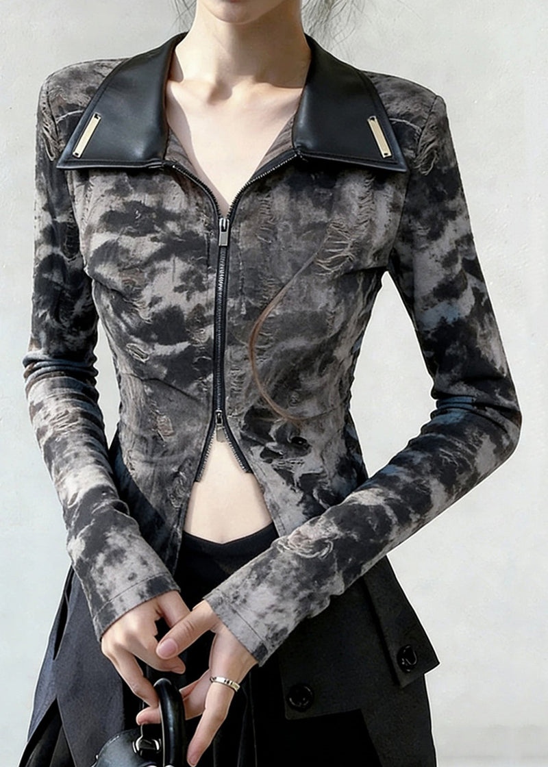 Peter Pan Collar Tie Dye Zippered Faux Leather Patchwork T Shirts Spring